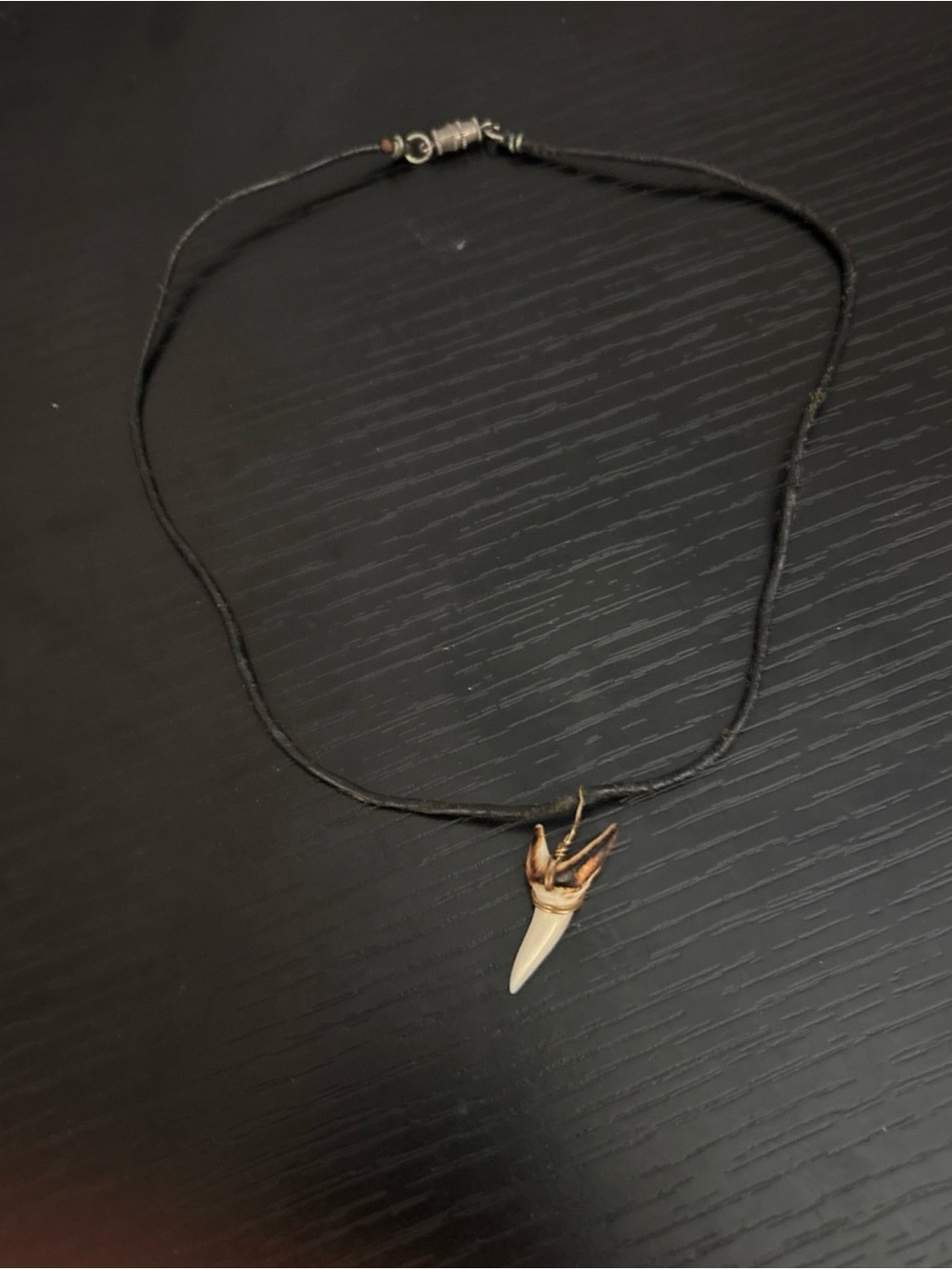 Vintage Leather Shark Tooth Necklace Clasp Closure Approximately 17” In Length